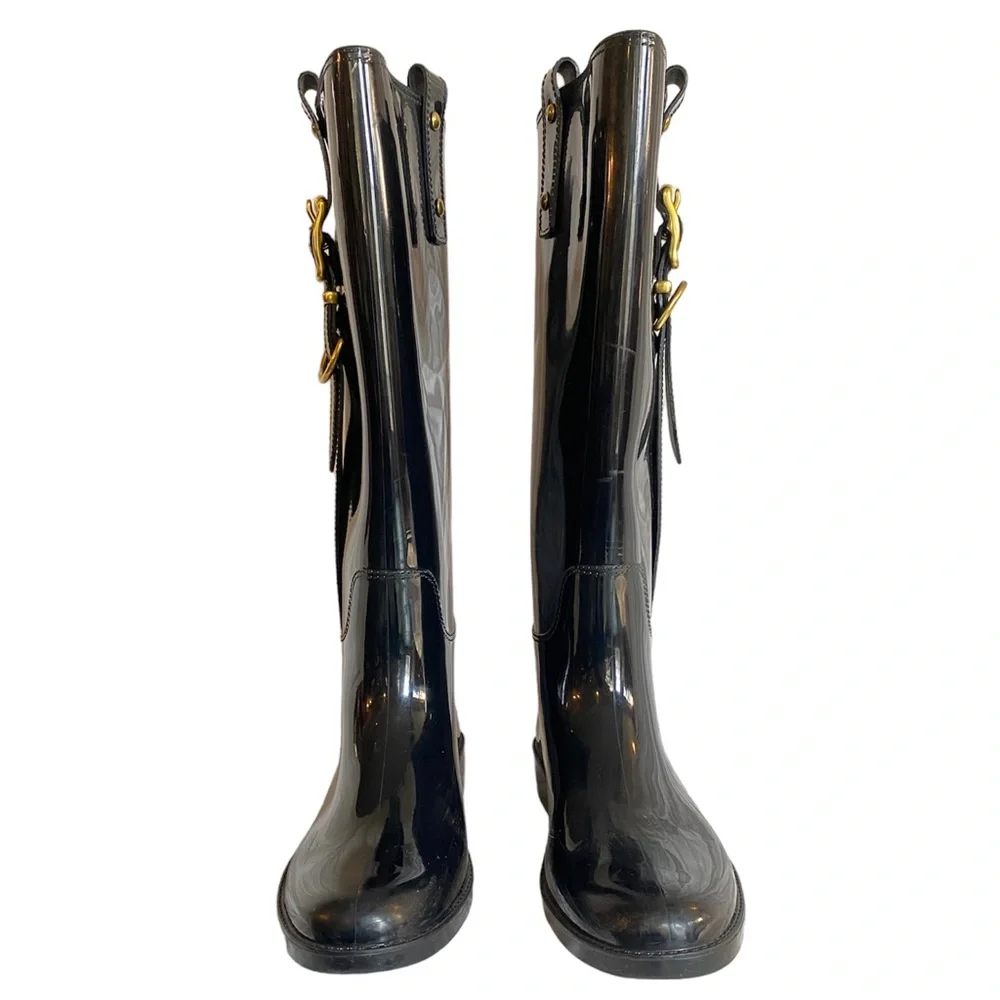 Coach Black Rubber Boots Gold Buckle Knee High 9 Concert classic‎ statment